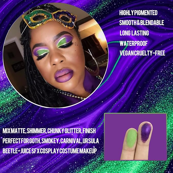 Purple Green Gold Eyeshadow Palette, Matte Shimmer Lavender Green Goth Smoky Eye Shadow Makeup Palette, Pigmented Long Lasting Mardi Gras Makeup Pallet for Stage, Witch, Ursula, Beetlejuice, Cosplay