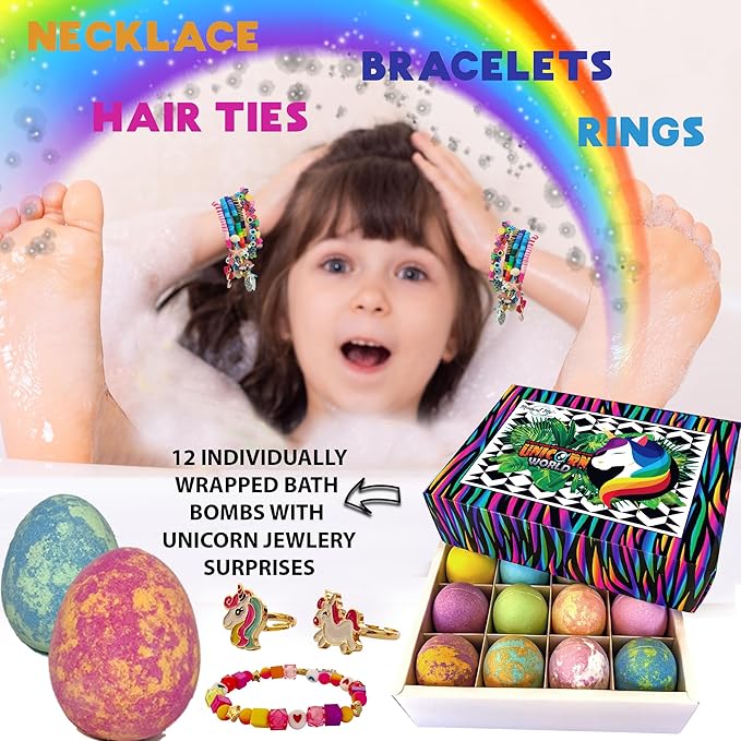 Unicorn Bath Bombs for Girls with Jewelry Inside, Organic Bath Bombs for Kids with Surprise, Natural, Skin Moisturizing BathBombs, Rainbow Bubble Bath. Easter Basket Essentials for Girls, Kids, 12 pk