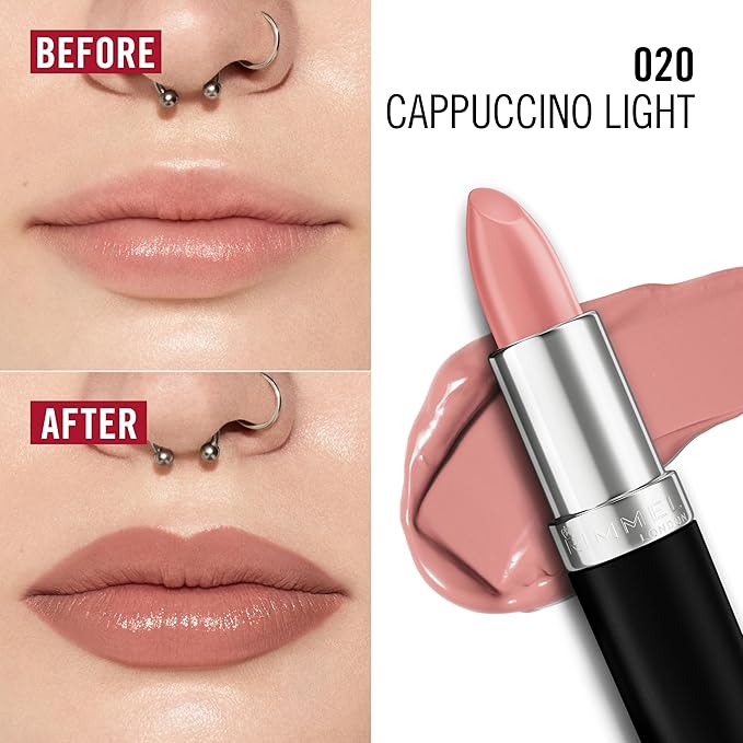 Rimmel Lasting Finish Lipstick | Up to 8 Hours of Intense Lip Color with Color Protect Technology and Exclusive Black Diamond Complex | 0.14 fl oz (Pack of 1) | 20 Cappuccino Light