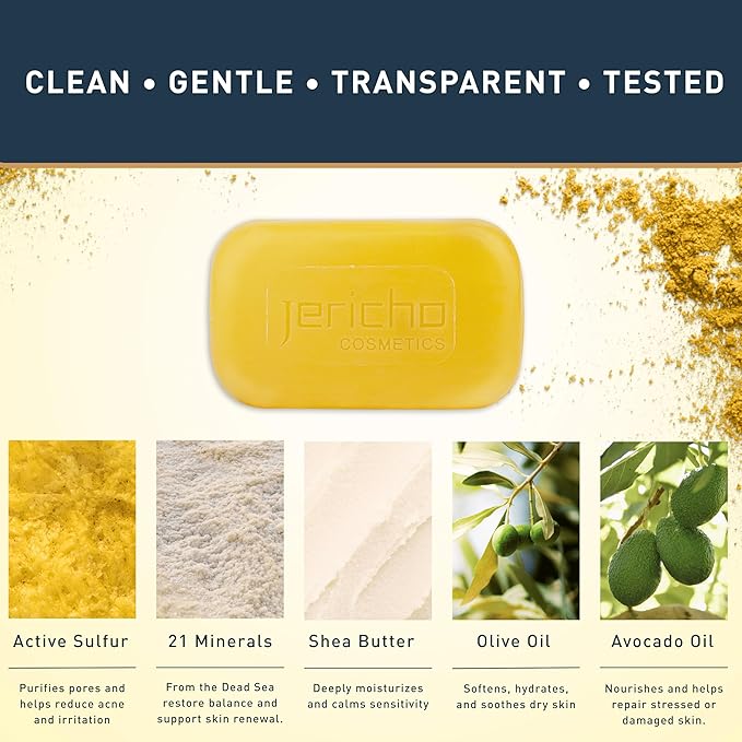 Jericho Dead Sea Sulfur Soap with Olive Oil – Helps with Acne, Psoriasis, Eczema & Blackheads – For Oily to Normal Skin – Vegan Face & Body Bar for Men & Women – 4.4 oz Each (Pack of 12)