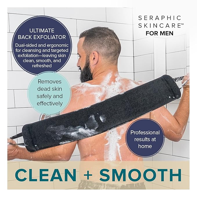 Seraphic Skincare Men Ultimate Premium Back Exfoliator – Dual-Sided Back Scrubber for Men, Double Side for Deep Exfoliation, Mesh & Washcloth Side for Cleansing - Dead Skin Removal & Self Tanner