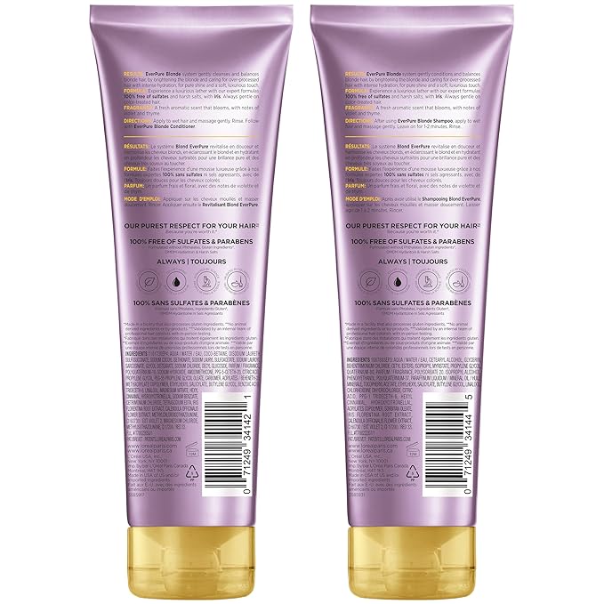 L'Oreal Paris Blonde Sulfate Free Shampoo and Conditioner for Color-Treated Hair, Neutralizes Brass + Balances, EverPure, 8.5 Fl Oz, Set of 2