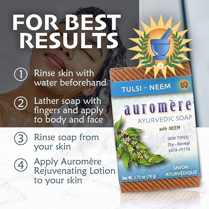 Auromere Ayurvedic Bar Soap, Tulsi Neem - Eco Friendly, Handmade, Vegan, Cruelty Free, Natural, Non GMO (2.75 oz), 4 pack