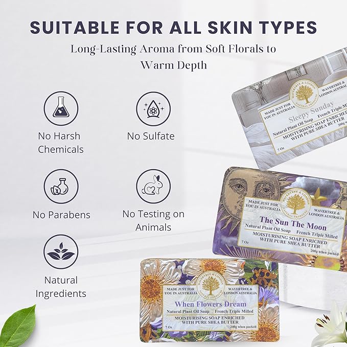 Wavertree & London Dreams Bar Soap Gift Set, 3 Pack Australian Triple Milled Natural Bar Soap with Organic Shea Butter & Essential Oils, Moisturizing Plant-Based Bath & Body Soap Bars for Women & Men
