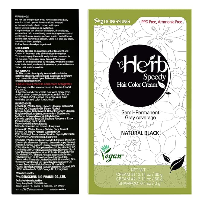 Dongsung Herb Speedy Color Cream Natural Black – Korean Herbal Vegan Hair Dye, PPD-Free, Ammonia-Free, Hypoallergenic – 100% Gray Coverage Odorless Dermatologically Tested Quick 20-Minute Application