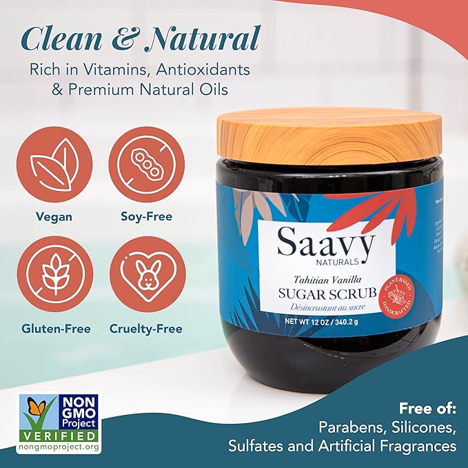 Saavy Naturals Body Scrub - Scented Sugar Vanilla Extract, Natural Body Scrub & Vegan Exfoliating with Vitamin E, Gentle for Sensitive Skin – Made in USA – Tahitian Vanilla (2 Packs) - 12 oz