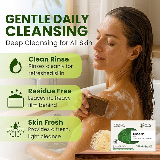 Neem Face, Body Bar Soap 4.5 oz | Ayurvedic Exfoliating, Cleansing Bar with Coconut Oil, Castor Oil | Gentle Bath Soaps for Face Wash, Body Wash | Soft Soap for Daily Use, All Skin Types