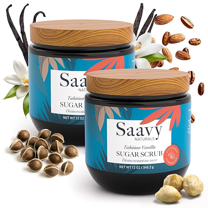 Saavy Naturals Body Scrub - Scented Sugar Vanilla Extract, Natural Body Scrub & Vegan Exfoliating with Vitamin E, Gentle for Sensitive Skin – Made in USA – Tahitian Vanilla (2 Packs) - 12 oz