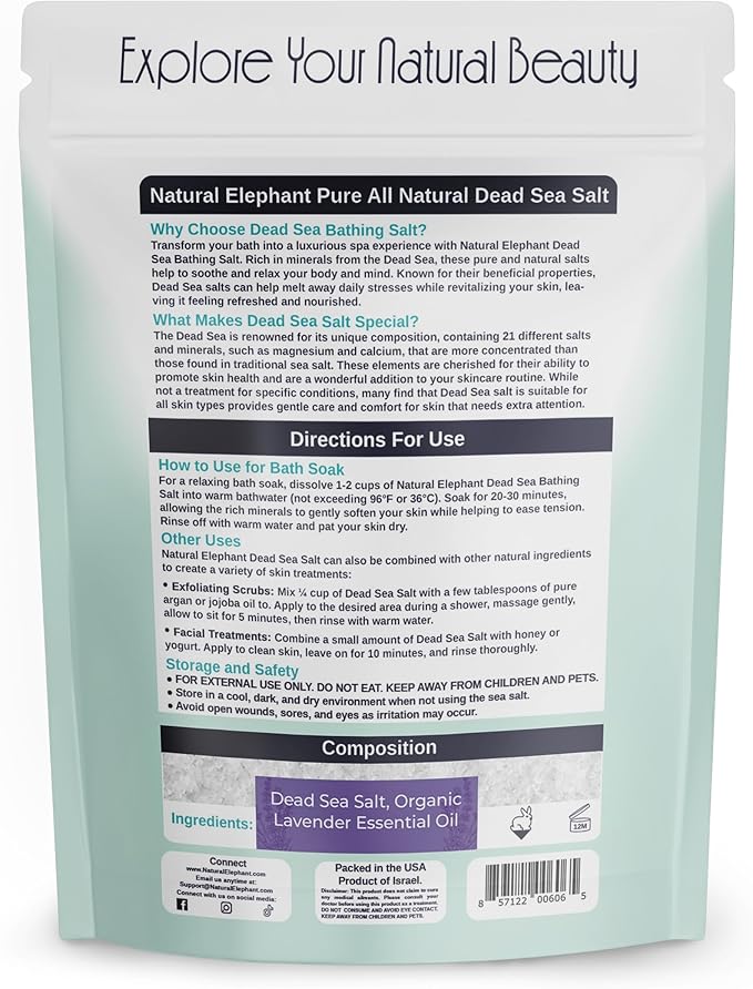 Natural Elephant Dead Sea Lavender Bath Salt Bathing and Foot Soak for Relaxing and Nourishing- 100% Pure with Organic Lavender Essential Oil - Medium Coarse Grain (10 lb (160 oz) Bag)