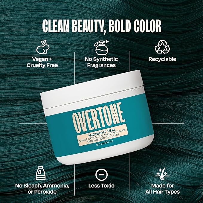 Overtone Semi Permanent Hair Color Conditioner, Midnight Teal, 8 oz, Nourishing, Damage-Free, Color Depositing Mask for All Hair Types with Shea Butter & Coconut Oil, Vegan & Cruelty-Free