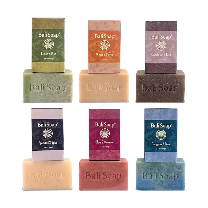 Bali Soap Natural Soap Bar Masculine Collection Handmade in Bali Cold Process, Men’s Gift Set with Natural Oils, Vegan, Wood and Spice Scents, 6-Pack