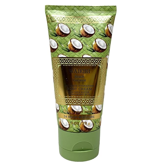 Bath & Body Works Waikiki Beach Coconut Mini Fragrance Mist and Hydration Body Cream Bundle with a Natural Oats Sample Soap - Travel Size