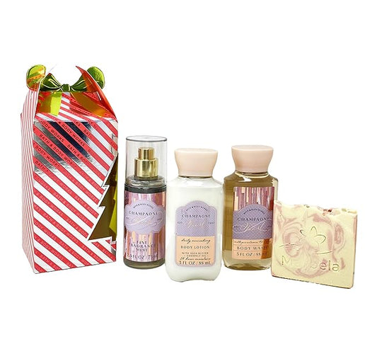 Bath & Body Works Champagne Toast Mini Gift Box Trio - Fragrance Mist - Body Cream and Body Wash with a Himalayan Salts Springs Sample Soap - Travel Size
