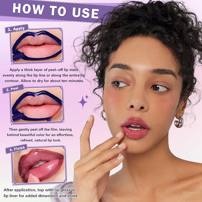 5 Colors Lip Stain Peel Off Lip Liner Stain, Matte Finish Peel Off Lip Stain Tint Long-Lasting Waterproof, Transfer-Proof, All-Day LipStain for Women, Vegan & Cruelty-Free