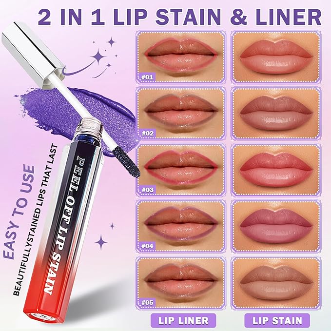 5 Colors Lip Stain Peel Off Lip Liner Stain, Matte Finish Peel Off Lip Stain Tint Long-Lasting Waterproof, Transfer-Proof, All-Day LipStain for Women, Vegan & Cruelty-Free