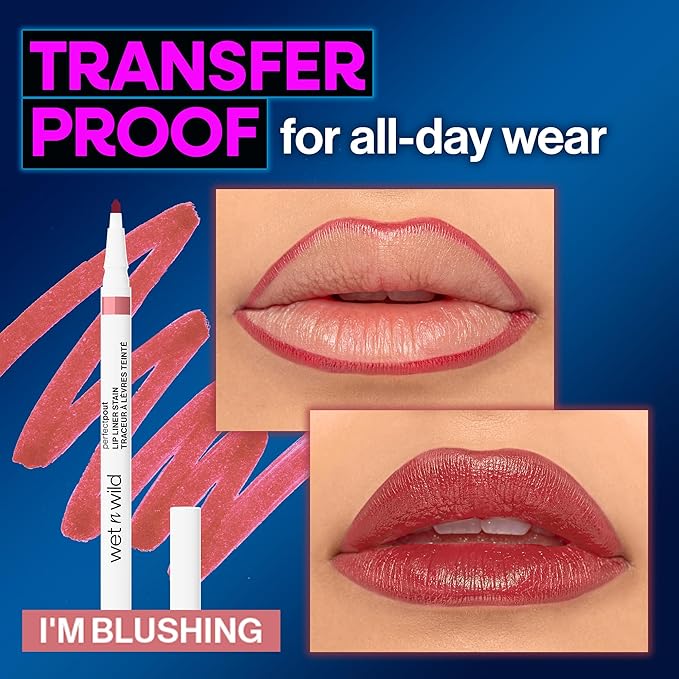 wet n wild Perfect Pout Lip Liner Stain, Long-Lasting Transfer-Proof Formula with Blade-Like Applicator for Precision & Full Lip Coverage, Vegan & Cruelty-Free - I'm Blushing