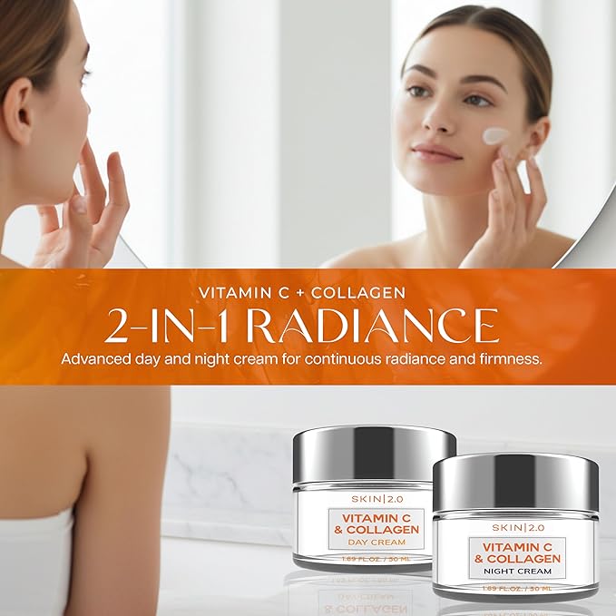 Vitamin C & Collagen Face Moisturizer – Anti Aging Day & Night Cream for Smooth & Radiant Skin, Firms & Restores Dull Complexion – Dermatologist Tested, Korean Skin Care Set, Vegan – Duo Pack