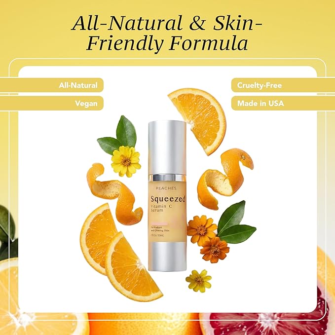 Peaches Skin Care Squeezed Vitamin C Serum with Kakadu Plum, Gold and CoQ10 – Lightweight Hydrating Formula for Radiant-Looking Complexion – Vegan Skincare for Women, 1 fl oz