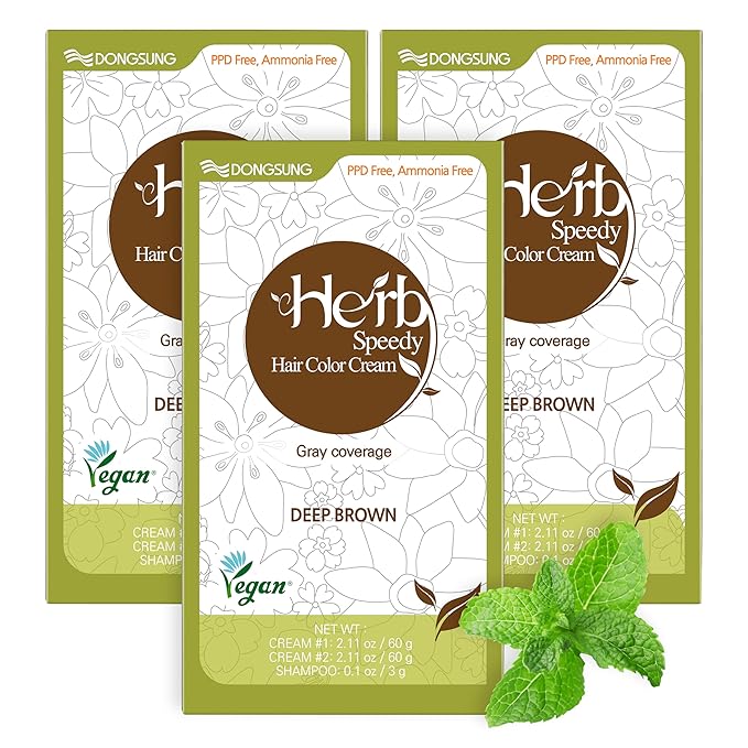 Dongsung Herb Speedy Color Cream(Deep Brown, 3Pack) Korean Herbal Vegan Hair Dye PPD-Free Ammonia-Free Hypoallergenic 100% Gray Coverage, Odorless, Dermatologically Tested, Quick 20-Minute Application