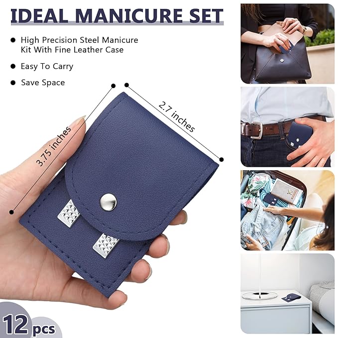 Geosar 12 Sets Manicure Set Bulk Nail Clippers Pedicure Kit Stainless Steel Professional Pedicure Grooming Kits Nail Care Tools with Travel Case for Men Women Hands Foot(Dark Blue)