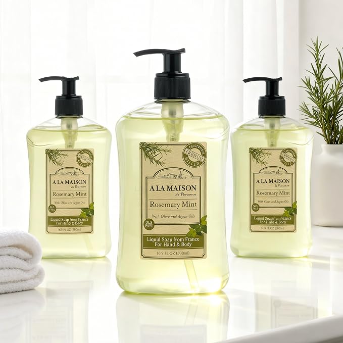 A LA MAISON Rosemary Mint French Liquid Hand Soap - Natural Hand Wash Made with Essential Oils - Biodegradable, Plant-Based, Vegan, Cruelty-Free, Alcohol & Paraben Free (16.9 oz, 6 Pack)