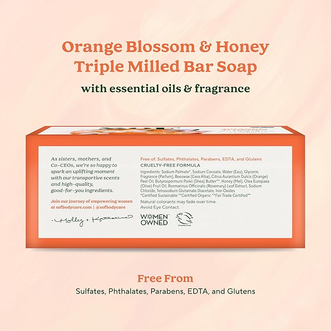 SoF Triple Milled Bar Soap - With Coconut Oil & Organic Shea Butter- Vegan & Non GMO- Free From Phthalates, Sulfates & Parabens- Orange Blossom & Honey - 6 oz Bar 6 Bars