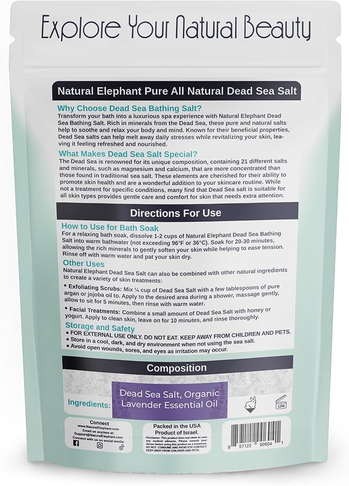Natural Elephant Dead Sea Lavender Bath Salt Bathing and Foot Soak for Relaxing and Nourishing- 100% Pure with Organic Lavender Essential Oil - Medium Coarse Grain (2 lb (32 oz) Bag)