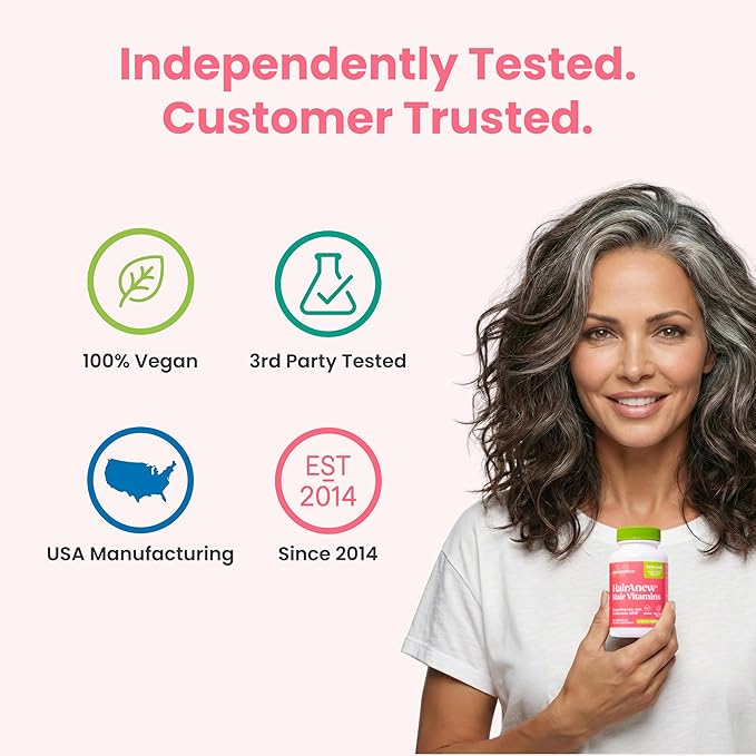 HairAnew Hair Growth Vitamins for Thicker Stronger Hair | Works for Women & Men All Hair Types | 11 Hair Vitamins & Ingredients | 5000mcg Biotin | Vegan | Independently Tested | 60 Capsules (6)