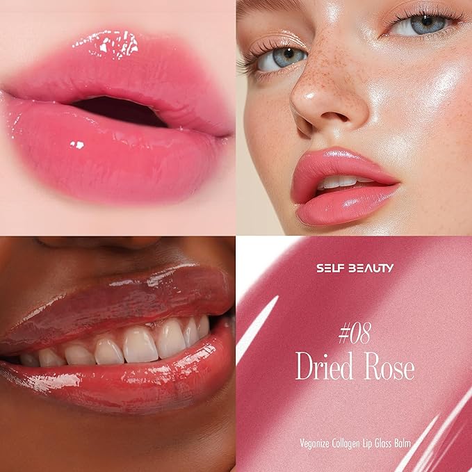 self beauty Veganize Collagen Lip Glass Balm - Hydrating Lip w/Hyaluronic Acid - Vegan Korean Lip Balm Moisturizing Lip Care – Lip Gloss Repair for Dry Cracked Lips 0.06 oz (#8 Dried Rose)