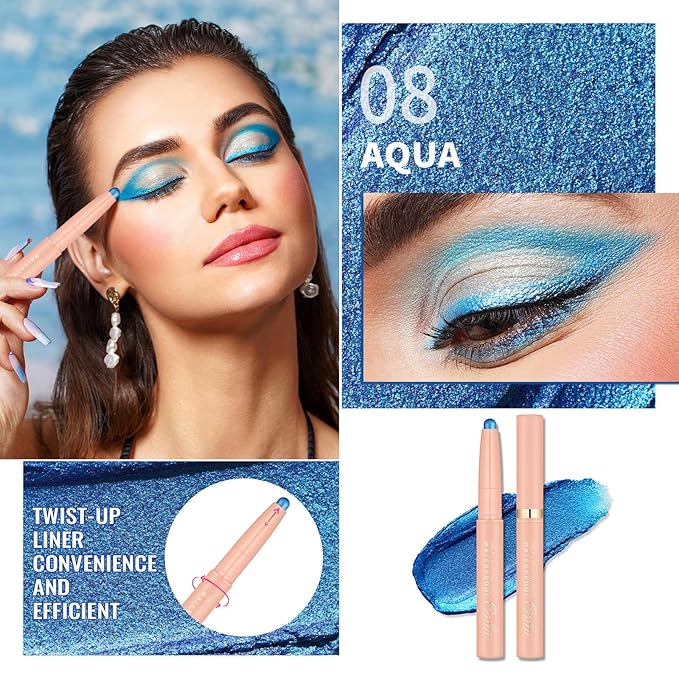 Oulac Blue Eyeshadow Twist-Up Pencil – Long-Lasting Shimmer Finish, Creamy Blendable Texture, Vegan & Cruelty-Free Eye Makeup, 1.25g, 08 Aqua
