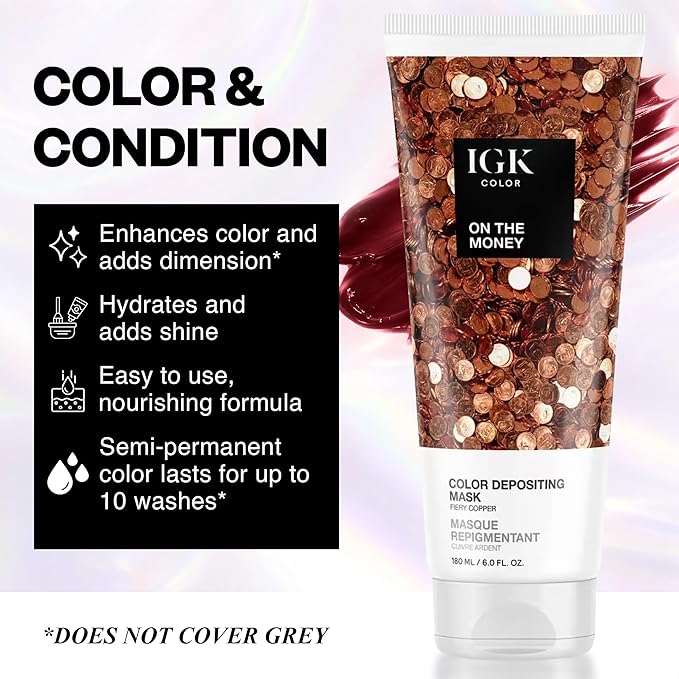 IGK On The Money Color Depositing + Conditioning Hair Mask | Fiery Copper - Cinnamon Red Tones | Hydrating Semi-Permanent Gloss Toner Treatment