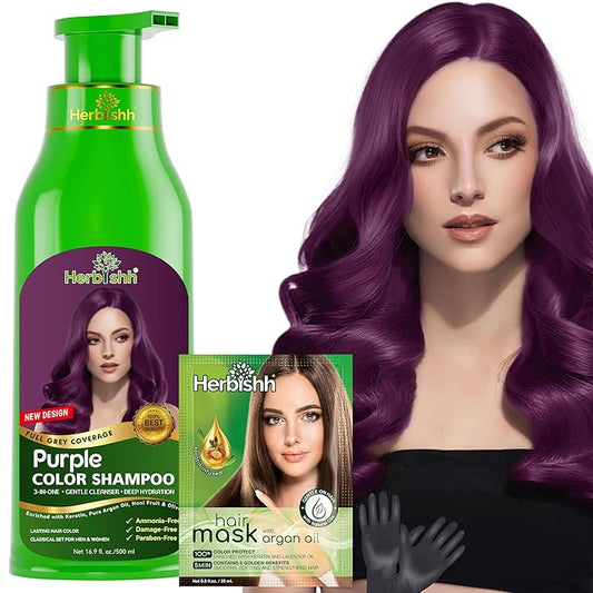 Herbishh Magic Hair Dye Shampoo – Colors Gray Hair in Minutes – Long Lasting – 500 Ml – 3-In-1 Ammonia-Free Color Treatment (Purple)