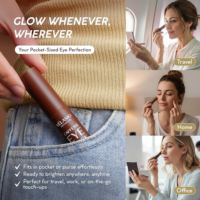 VELAMO ADVANCED Caffeine Eye Stick: Energizing & Hydrating Under Eye Balm for Dark Circles & Puffiness - Travel Essentials, Portable & Perfect for On-the-go Use, 0.1 OZ/3g 2 Pcs
