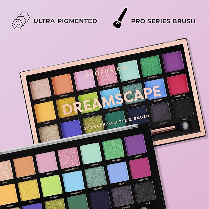 Profusion Cosmetics Dreamscape 21 Shade Eyeshadow Palette and Brush, Unlock Your Stellar Style and Achieve Eye Catching Radiant Eyes, Dive into Infinite Shades and Get Galactic Glamour