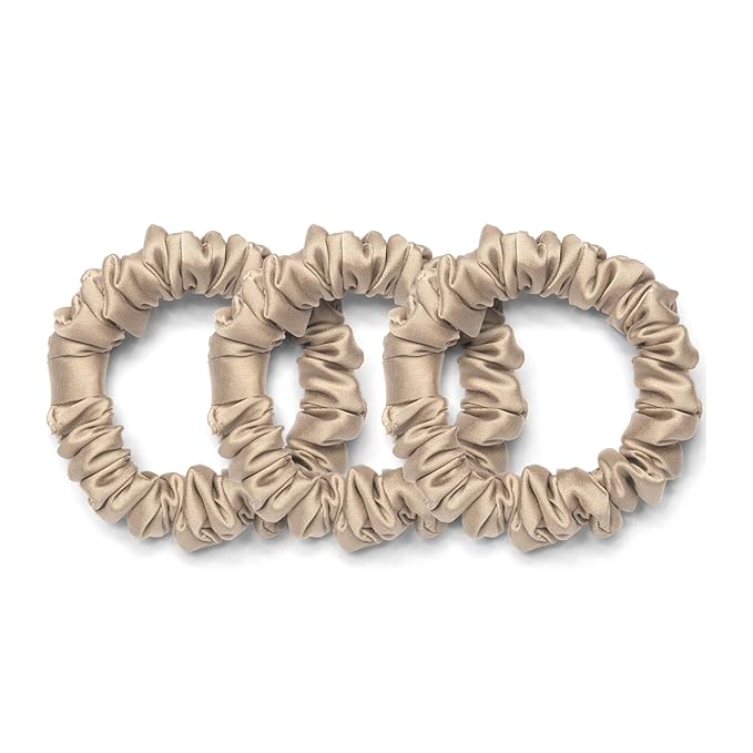 Rizos Curls Vegan Silk Mini Scrunchie - Gente Hold For No Crease and Breakage Protection, Damage & Frizz Free Hair Tie, 3-Pack, Nude
