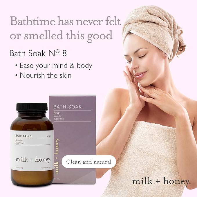 milk + honey No. 8 Calming Bath Soak – Moisturizing Epsom Salt with Lavender & Eucalyptus – Relaxing Aromatherapy Soak for Sore Muscles, Dry Skin & Stress Relief – 10 oz