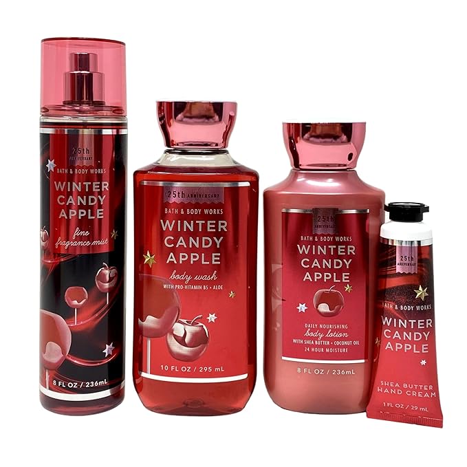 Bath & Body Works Winter Candy Apple Deluxe Gift Bag Set - Fragrance Mist - Body Wash - Body Lotion and Hand Cream - with a Natural Oats Sample Soap