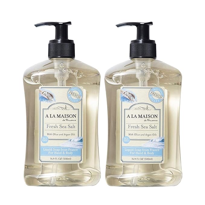 A LA MAISON Fresh Sea Salt French Liquid Hand Soap - Natural Hand Wash Made with Essential Oils - Biodegradable, Plant-Based, Vegan, Cruelty-Free, Alcohol & Paraben Free (16.9 oz, 2 Pack)