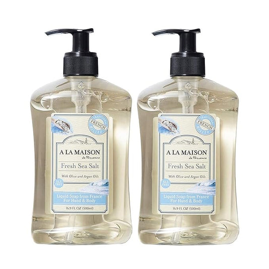 A LA MAISON Fresh Sea Salt French Liquid Hand Soap - Natural Hand Wash Made with Essential Oils - Biodegradable, Plant-Based, Vegan, Cruelty-Free, Alcohol & Paraben Free (16.9 oz, 2 Pack)