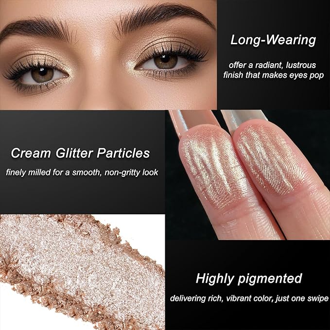 Cream Rose Gold Shimmer Eyeshadow Bright Richly Pigmented, Long Wear Intense Gold Glitter Creme Eye Shadow, Waterproof Ultra-Blendable Champagne Sombras de Ojos Makeup, Cruelty-Free & Vegan, 08#