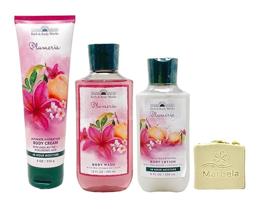 Bath & Body Works Plumeria- Trio Gift Set - Body Cream, Body Wash and Body Lotion with a Wild Jasmine Bar Soap.
