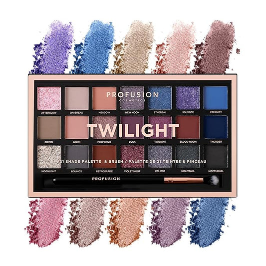 Profusion Cosmetics Twilight 21-Shade Eyeshadow Palette with Brush – Blendable Matte, Metallic & Mousse Finishes, Rich Pigments Infused with Vitamin A and E, Vegan & Cruelty-Free Makeup