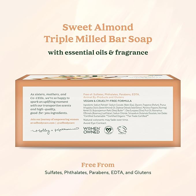 SoF Triple Milled Bar Soap - With Coconut Oil & Organic Shea Butter- Vegan & Non GMO- Free From Phthalates, Sulfates & Parabens- Sweet Almond - 6 oz Bar 6 Bars