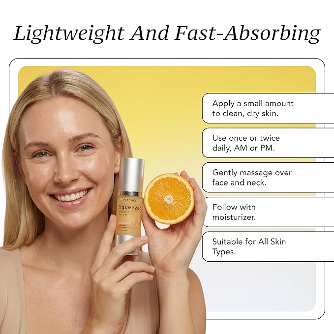 Peaches Skin Care Squeezed Vitamin C Serum with Kakadu Plum, Gold and CoQ10 – Lightweight Hydrating Formula for Radiant-Looking Complexion – Vegan Skincare for Women, 1 fl oz