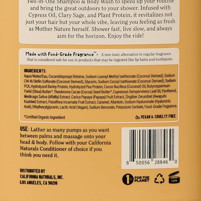 California Naturals Owen Wilson 2 in 1 Hair Shampoo and Body Wash, Wild Woods Fragrance, All Hair Types, Vegan, Natural, Cruelty, Silicone, Paraben & Sulfate Free Shampoo for Men & Body Soap, 16.5 oz