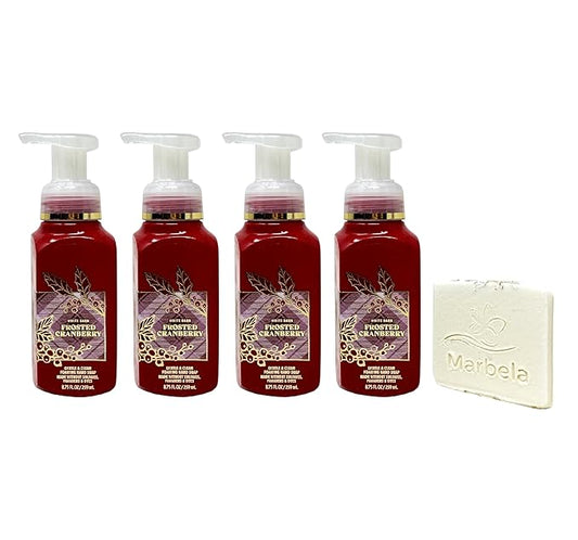 Bath & Body Works Frosted Cranberry 4 Pack Gentle Foaming Hand Soap Bundle with a Natural Oats Sample Soap