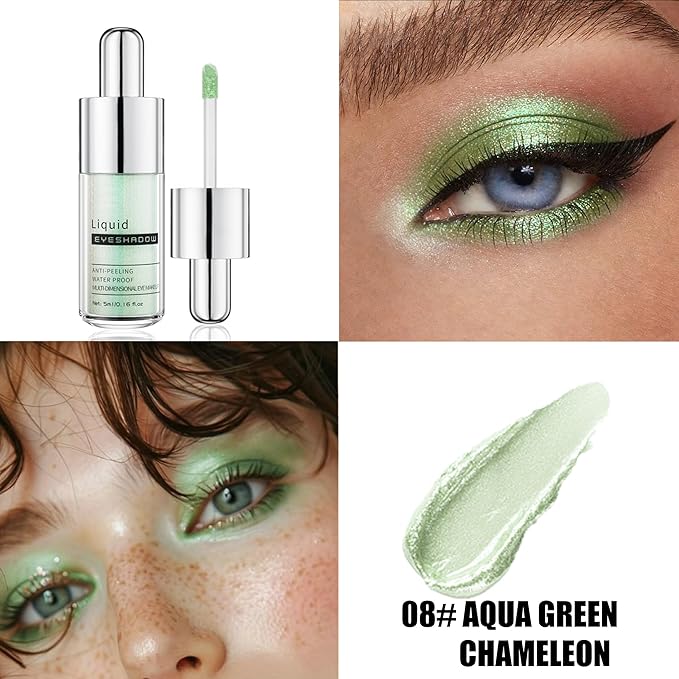 Aqua Green Chameleon Shimmer Liquid Eyeshadow, Longwear Waterproof Lightweight Eye Shadow Cream, Buildable Blendable Eye Makeup,Vegan Cruelty-Free Paraben-Free for Older Women Stage makeup 08#