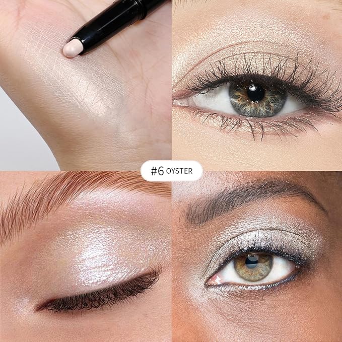 Eyeshadow Stick Shimmer Eye Brightener Pencil Cream Eye Shadow Eyeliner Pencil Crayon,High Pigmented Blendable Waterproof Long-Lasting Highlighter Stick Makeup,Vegan&Cruelty-Free,#6-Oyster