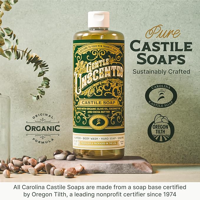 Unscented Liquid Castile Soap – Vegan Organic Soap & Body Wash, High Olive Oil Content, Non-Drying Formula, Great for Sensitive Skin by Carolina Castile, EWG Verified (Unscented, 32 Fl Oz)