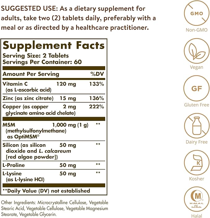 Solgar Skin, Nails & Hair, Advanced MSM Formula, 120 Tablets - Supports Collagen for Hair, Nail and Skin Health - Provides Zinc, Vitamin C & Copper - Non GMO, Vegan, Gluten & Dairy Free - 60 Servings